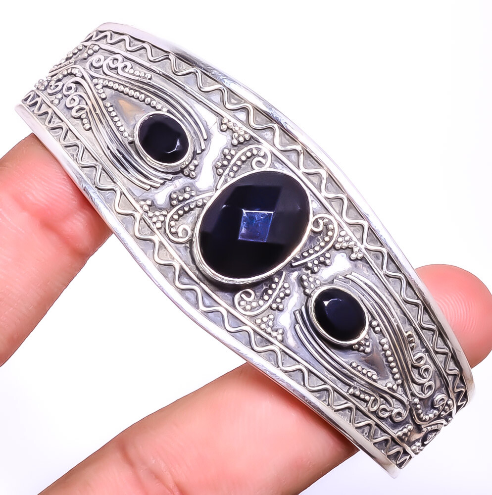 Black Onyx Gemstone 925 Sterling Silver Cuff Adst. T67 A320