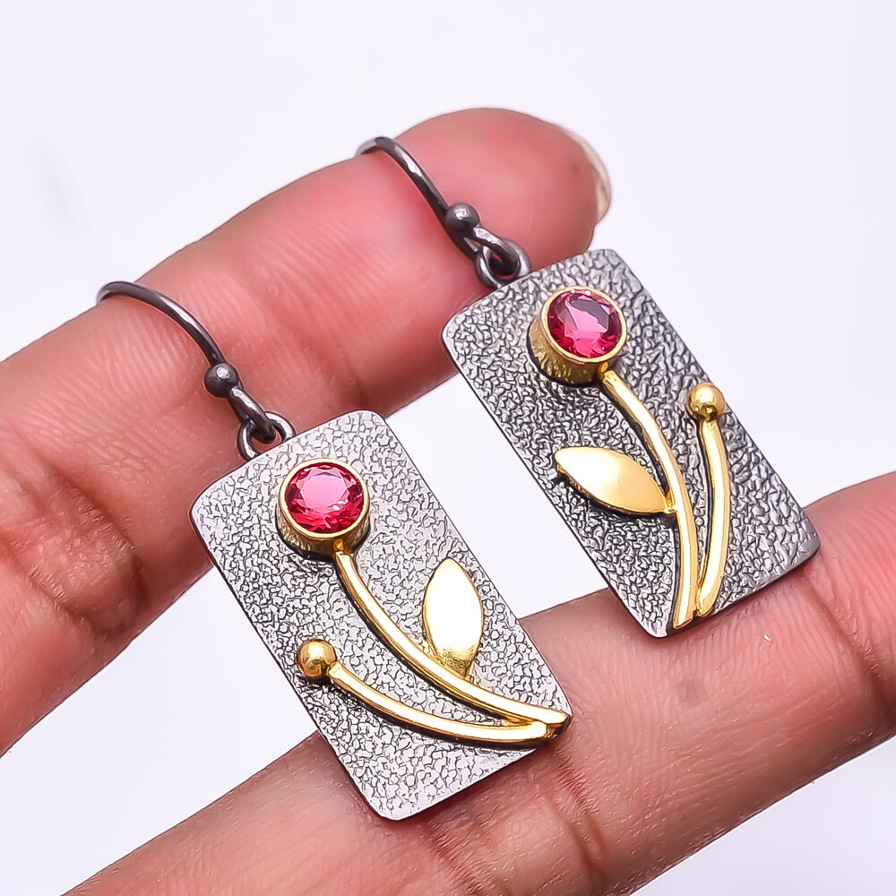 Pink Tourmaline Gemstone 925 Silver Black&Gold Plated Earring 1.56
