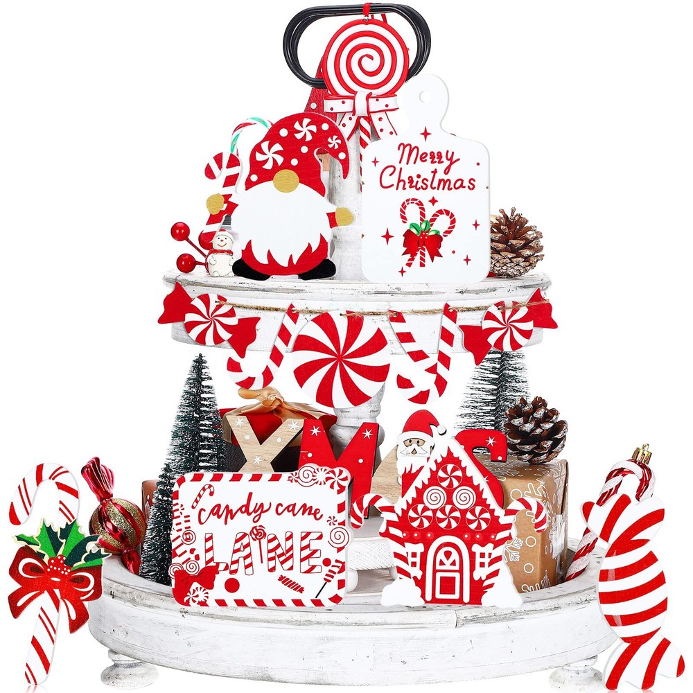 12 Pieces Christmas Tiered Tray Decor Christmas Candy Cane Table Decor Merry ...