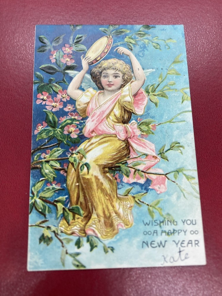 New Years Postcard Angel Girl In Tree With Tambourine Germany SL & Co Langsdorf-image