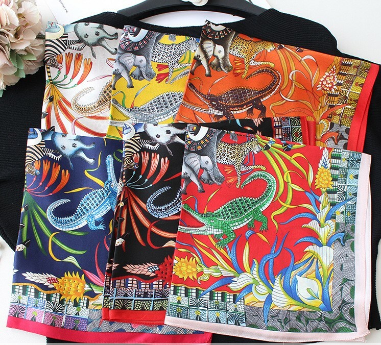 Sallys Silk Scarf Bandanna with Elephant Print Office Necktie Turban Hairband 21 Inches