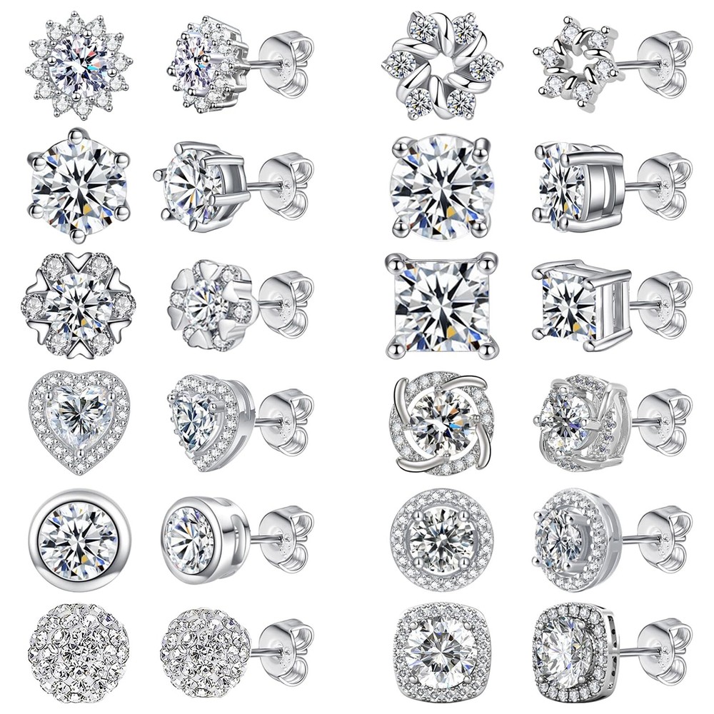 NEWITIN 12-Pair Hypoallergenic Silver Stud Earrings for Women - Sterling Silver Style