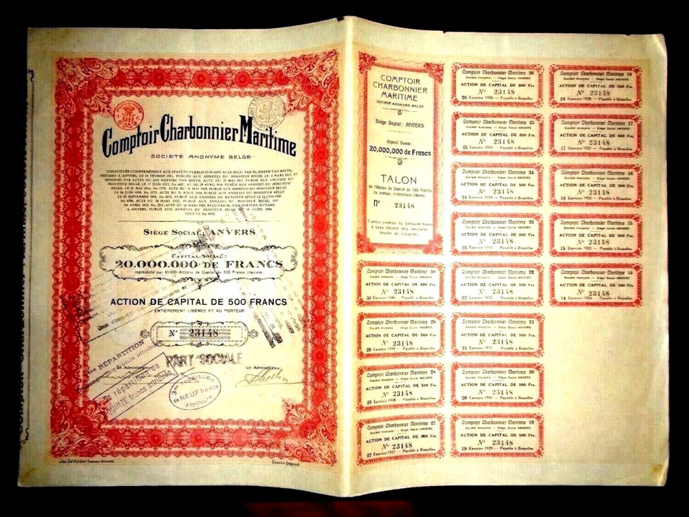 Comptoir Charbonnier Maritime,shipping share certificate,Belgium 1924