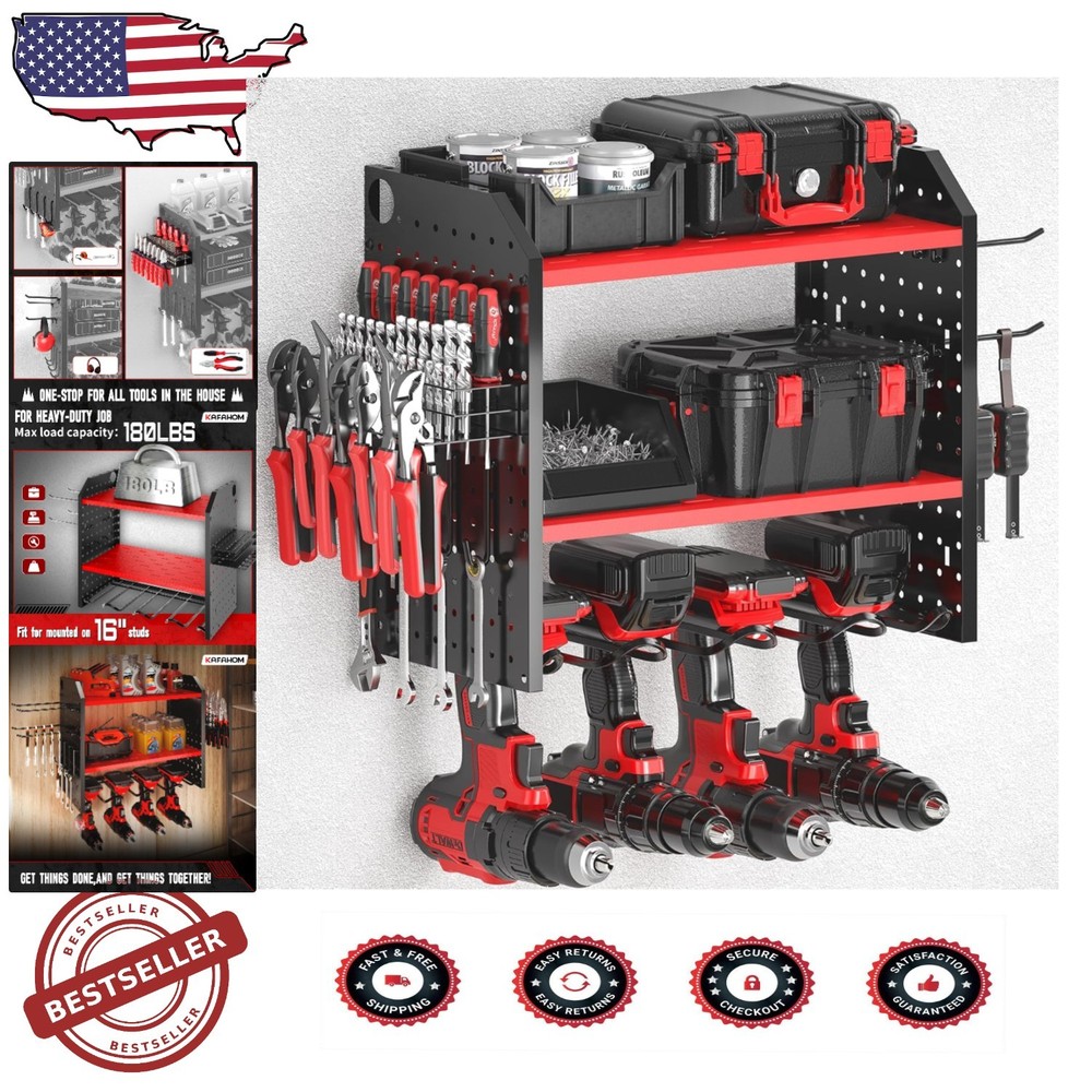 Wall-Mount Drill Holder with 12 Hooks for Power Tool Storage