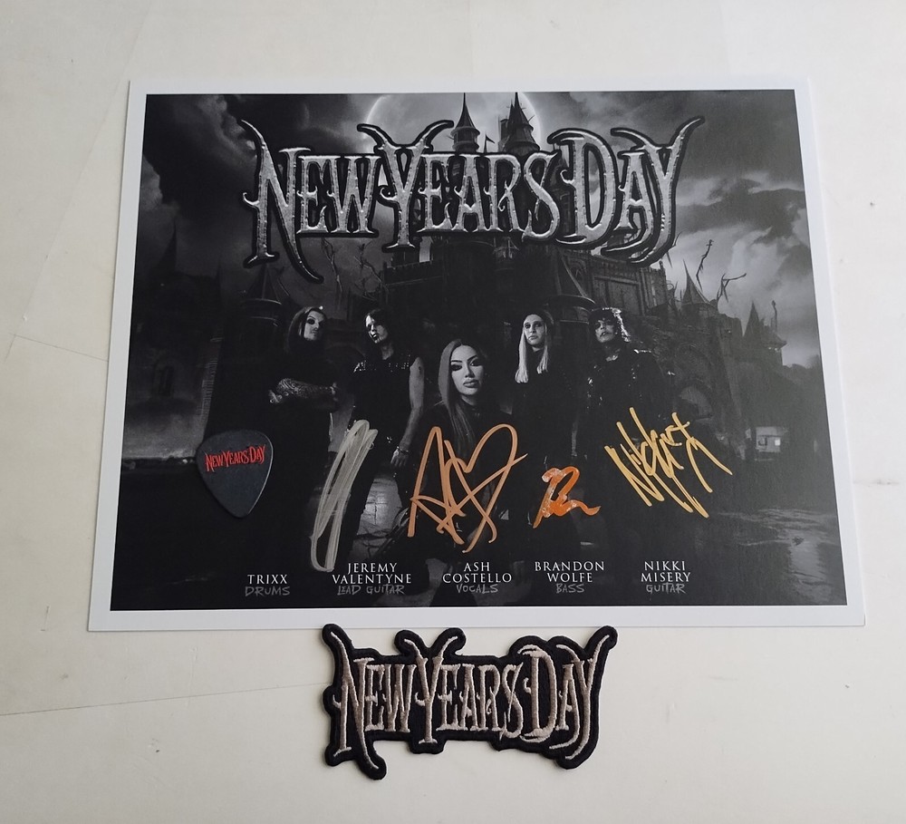 NEW YEARS DAY SIGNED PHOTO GUITAR PICK PATCH Half Black Heart ASHLEY COSTELLO-image