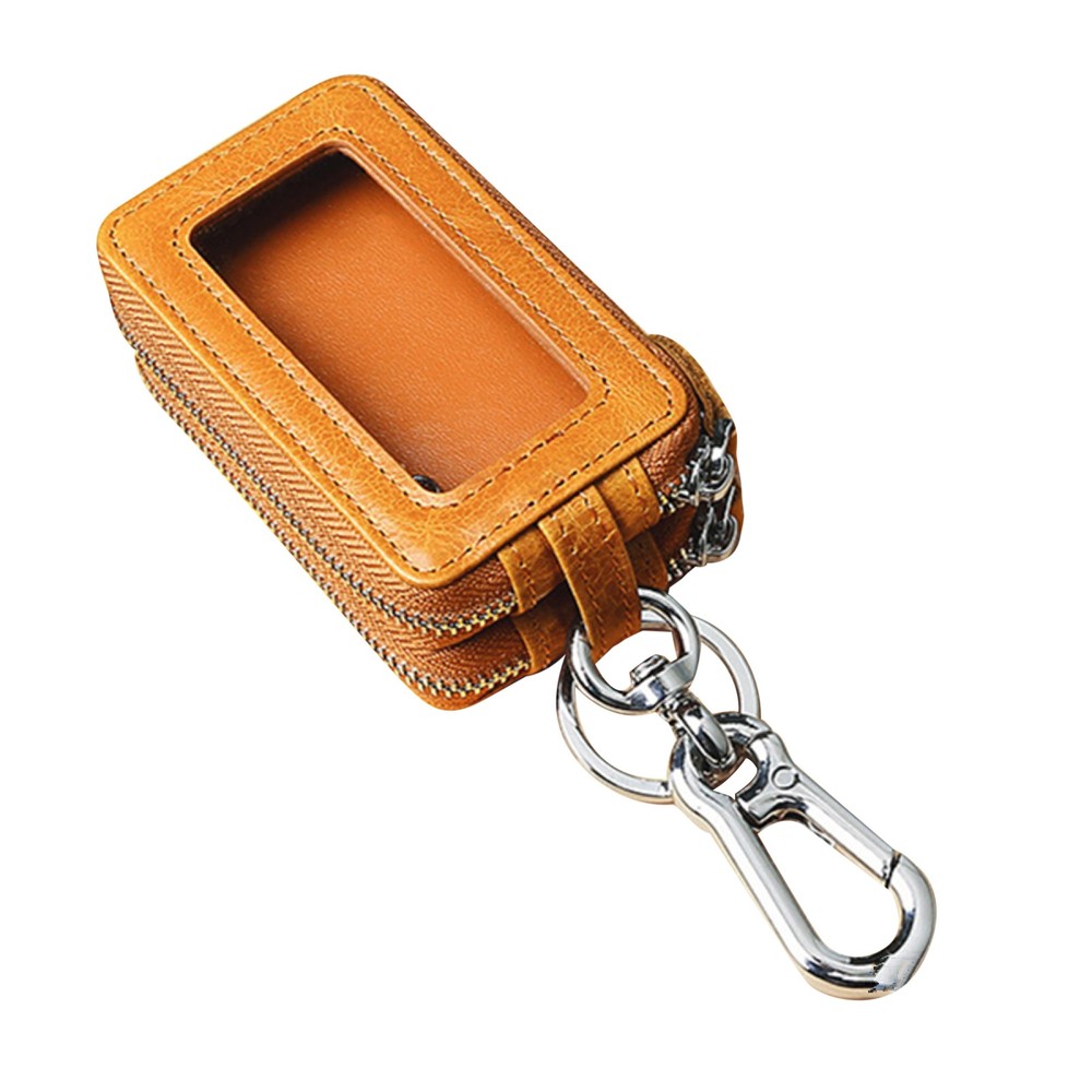 Double Layer Genuine Leather Car Key Holder Case with Zipper Pouch