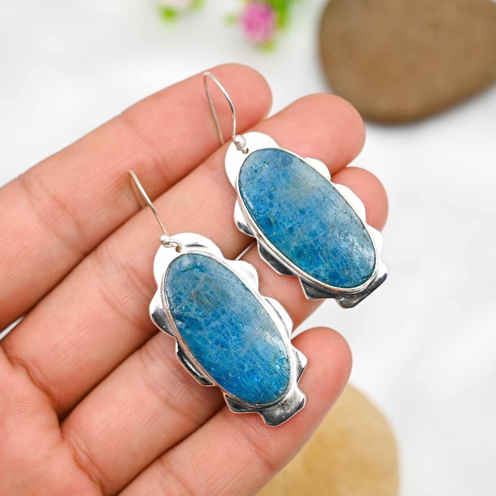 Neon Blue Apatite Sterling Silver Earrings Handmade Jewelry Gift