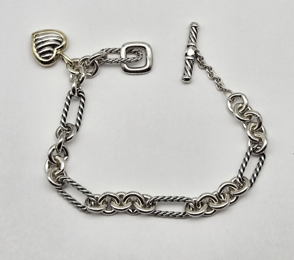 David Yurman 18K Gold Sterling Silver Heart Charm Bracelet 7.5 Inch