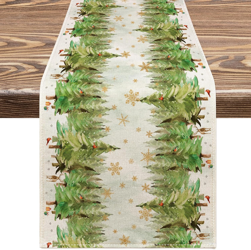 Christmas Table Runner Pine Tree Snowflake Table Cover Woodland Table Runner