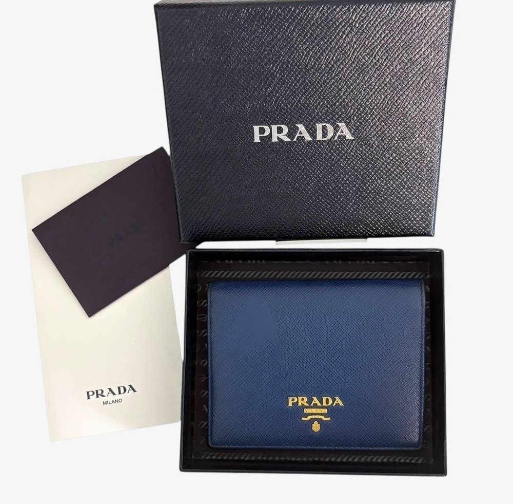 Prada Saffiano Leather Bifold Wallet in Navy Multicolor Genuine Pre-Owned