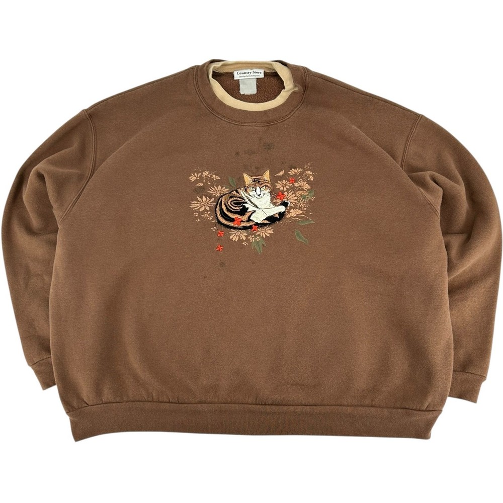 Vintage Women's Brown Embroidered Cat Flower Field Crewneck Sweatshirt 3XL