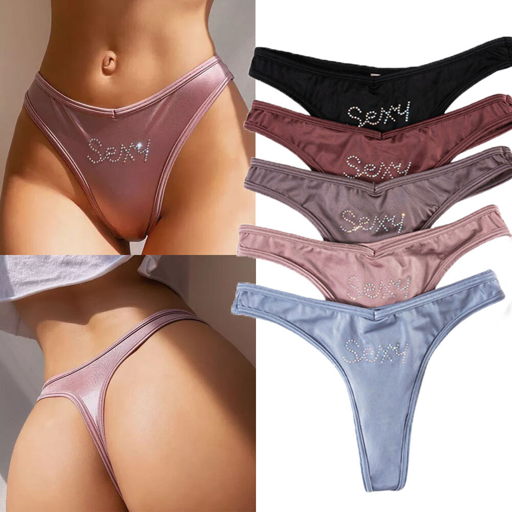 Women Sexy Ice Silk Satin Thong Briefs Panties Rhinestone Letter G-string T-back