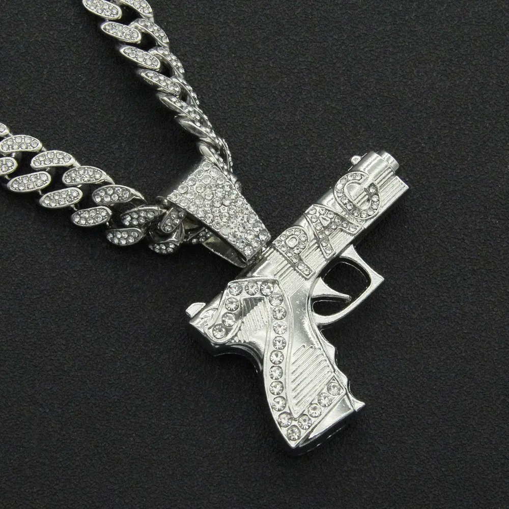 2Pac-Inspired Iced-Out Silver Gun Necklace Pendant – Perfect for Rap Fans