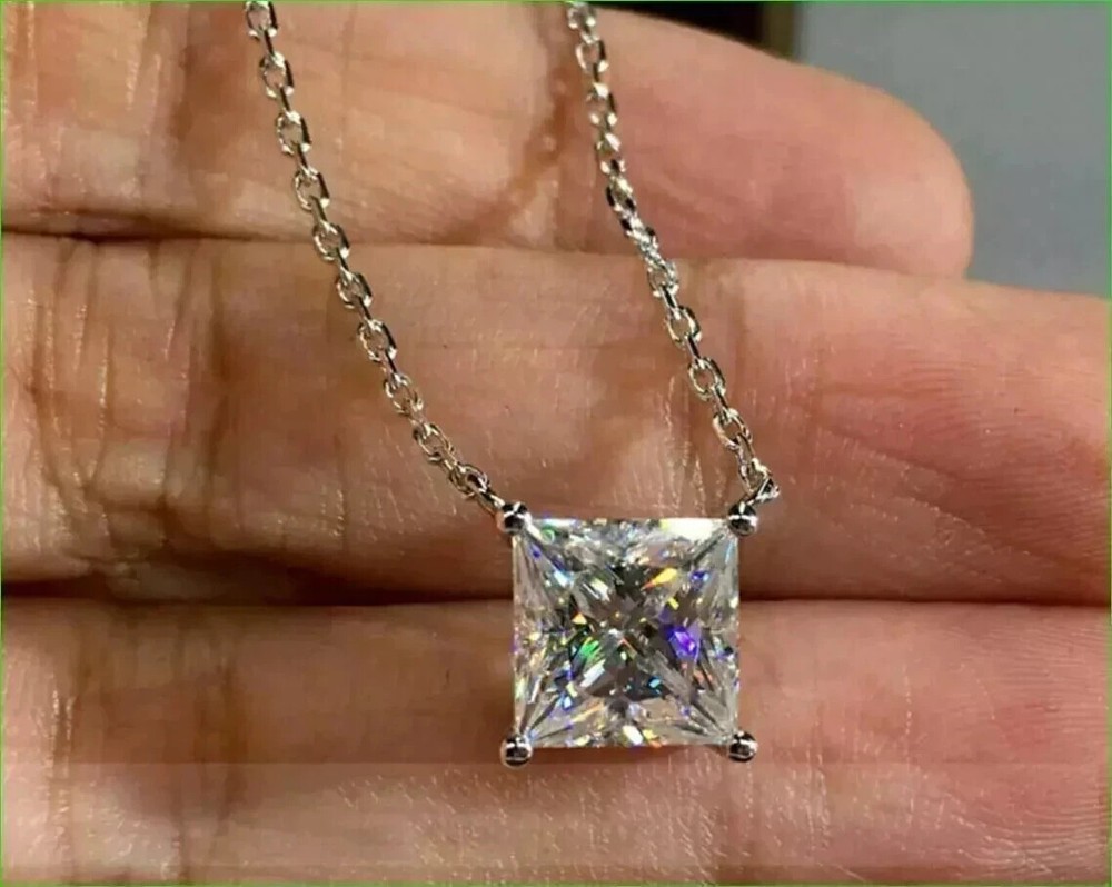 8mm Princess Cut Moissanite Solitaire Necklace in 14K White Gold