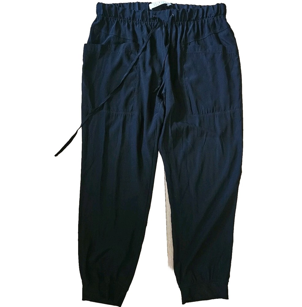 Skin and Threads Womens Silk Jogger Pants Black Pull on 3 L Cropped Cargo pocket