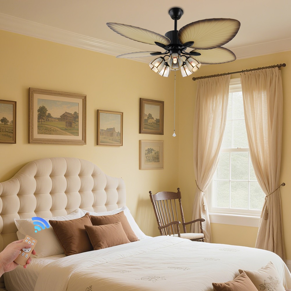 52 inch Reversible Ceiling Fan Lamp 5 wood Palm leaves Chandelier with Remote