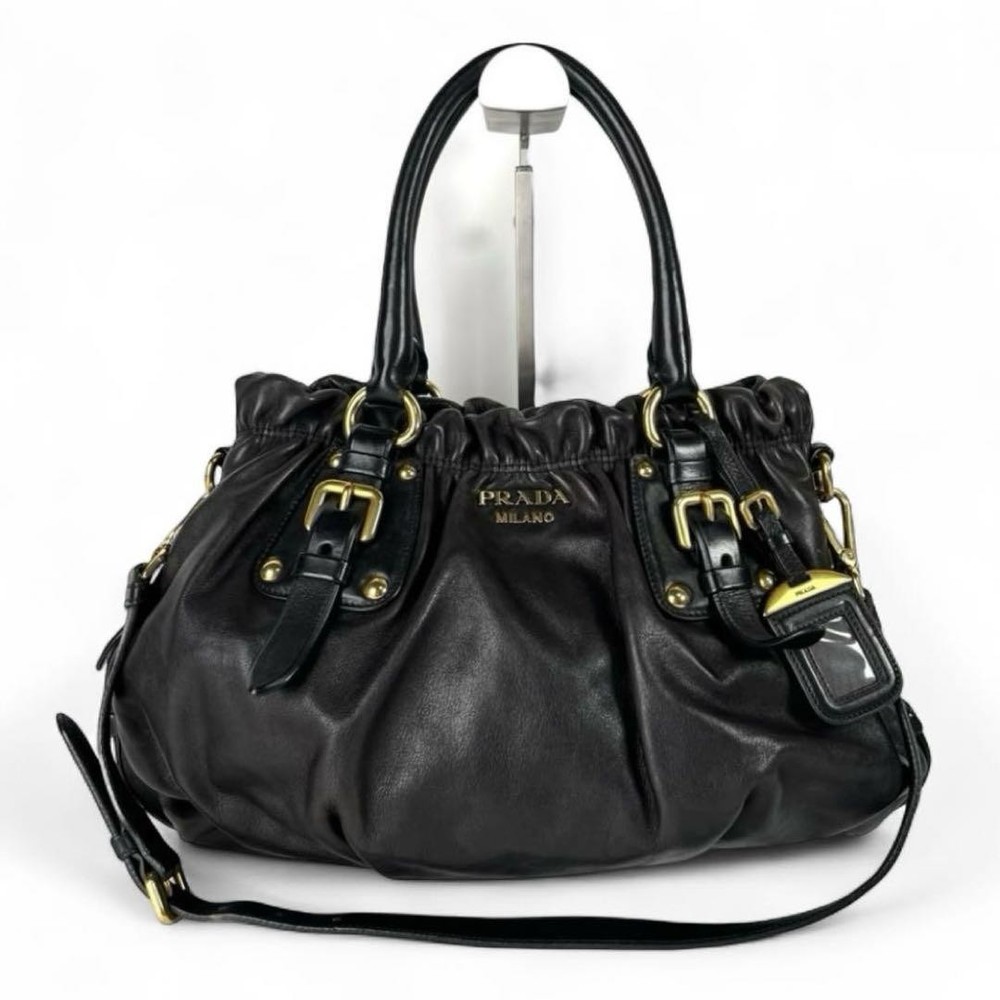 Prada Black Leather Gathered Tote Bag with Gold Hardware 2-Way Carry