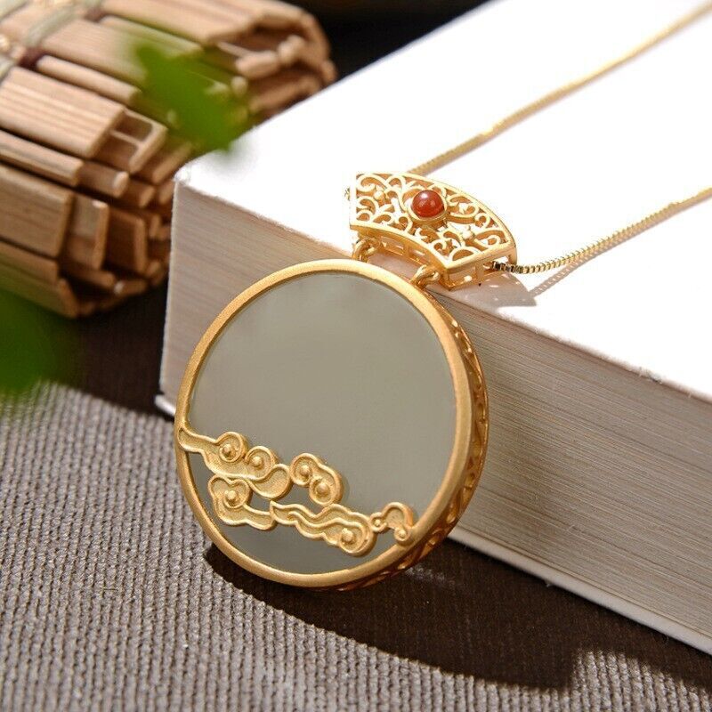 Green Jade Donut Pendant Natural Chalcedony 925 Silver Necklace Amulet Jewelry
