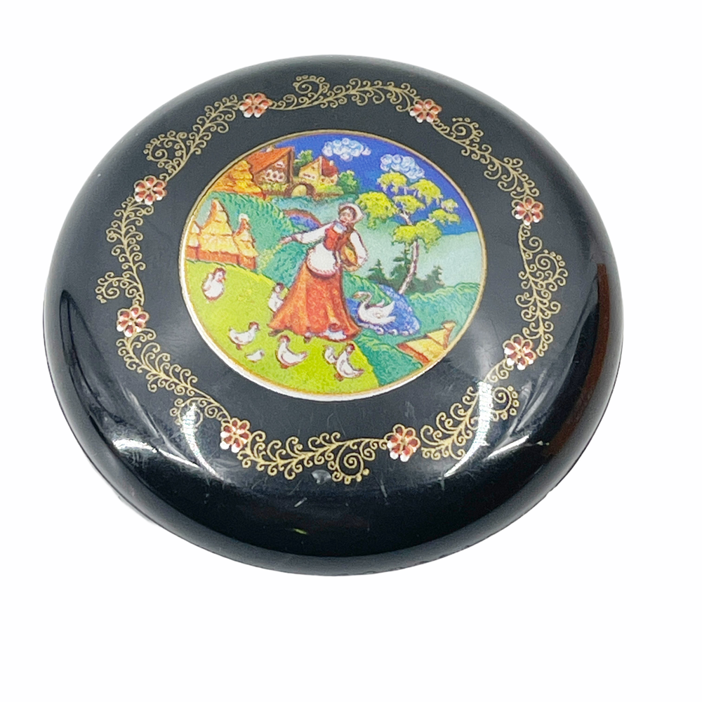 Vintage Hallmark Cards Trinket Box Round Black Plastic Lacquer Dutch Girl Birds