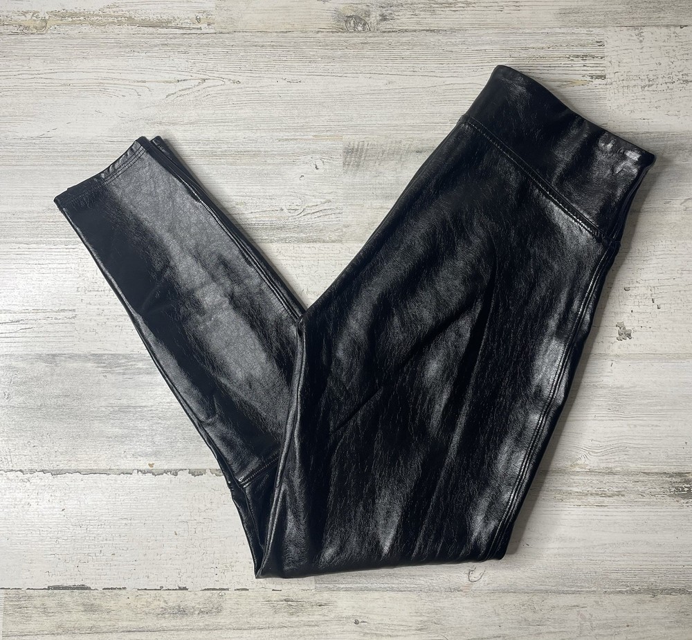 Spanx Faux Leather High Waist Glossy Black Leggings Women's Size S