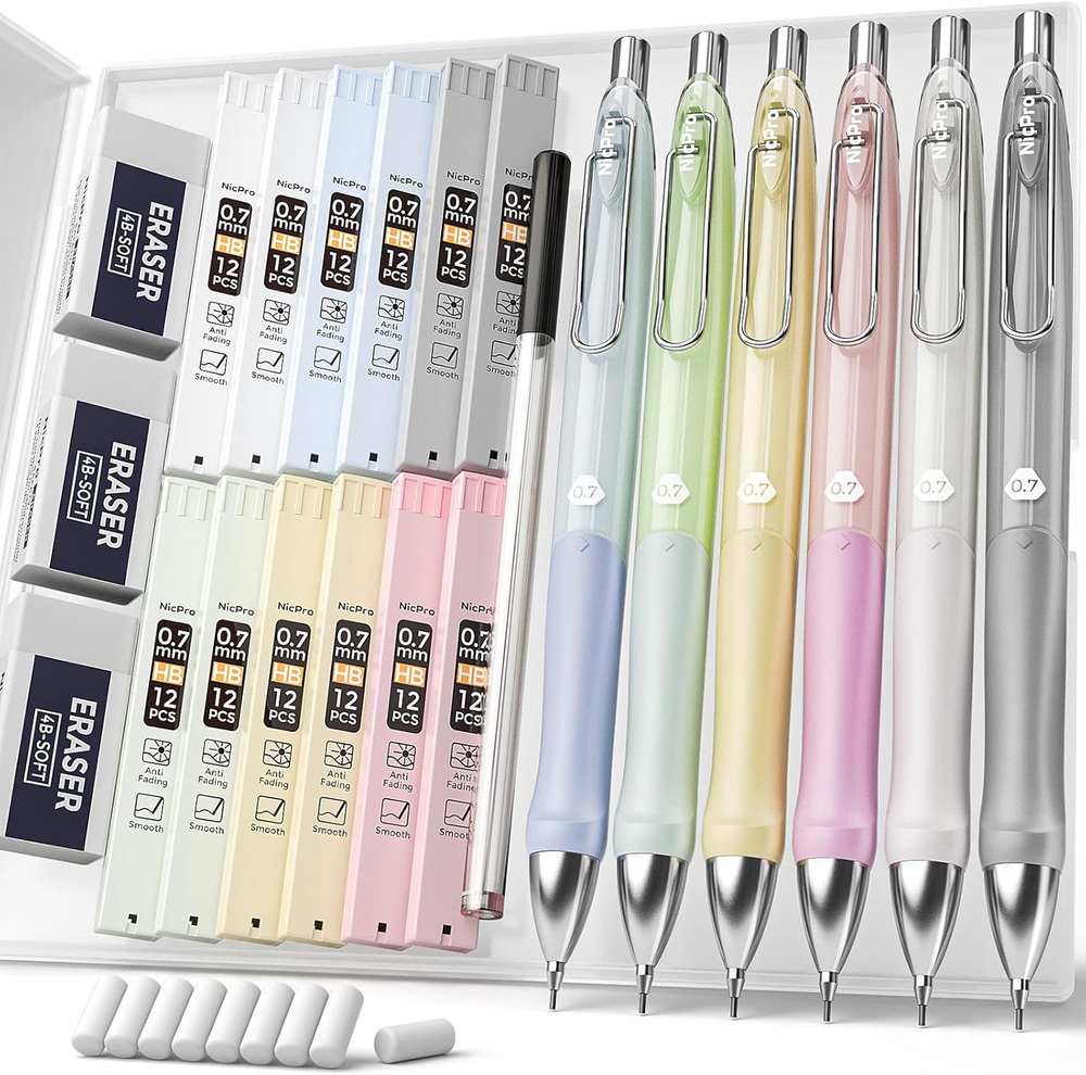 6PCS Pastel Mechanical Pencil Set 0.7 Mm, Cute Mechanical Pencils with Comfort G