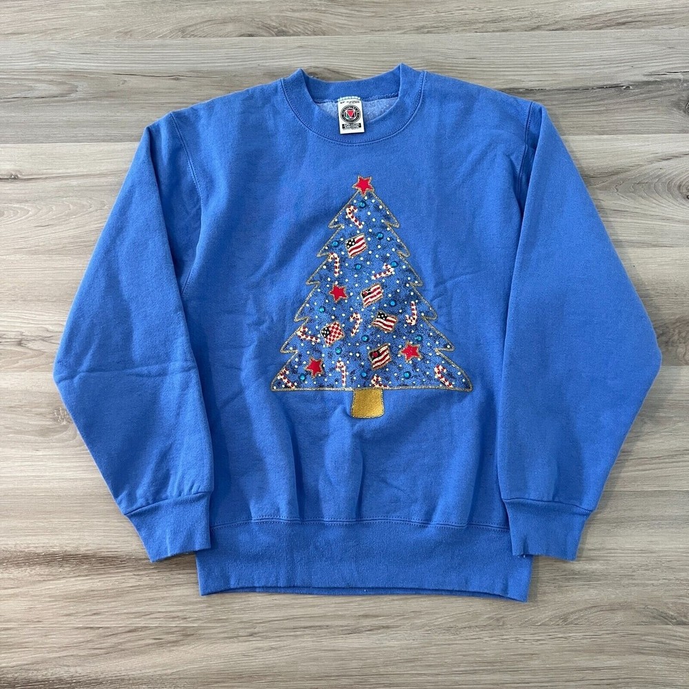 Vintage Christmas Tree Crewneck Sweatshirt Adult Small Blue Long Sleeve Fleece