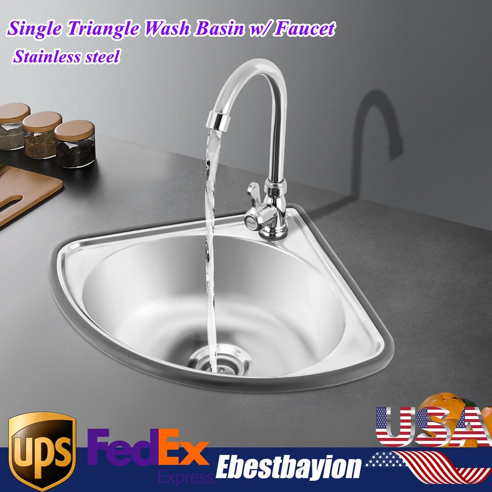 Single Triangle Wash Basin Corner Sink Mini Bar Sink Stainless Steel w/ Faucet