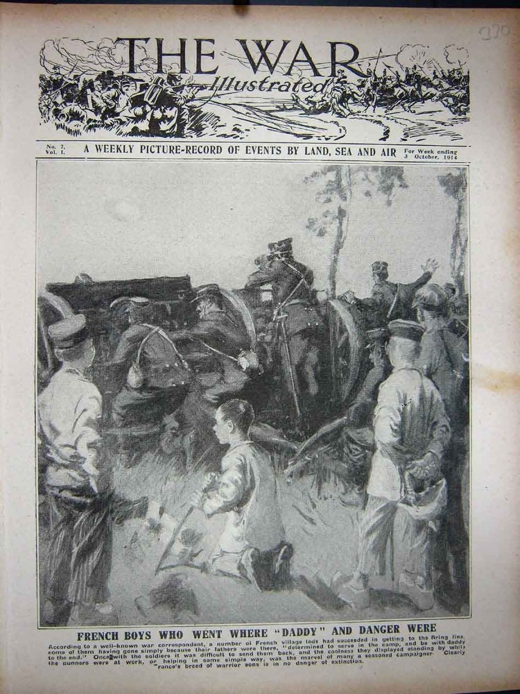 Original Old Antique Print Ww1 1914 French Boys Children Siers Firing Line