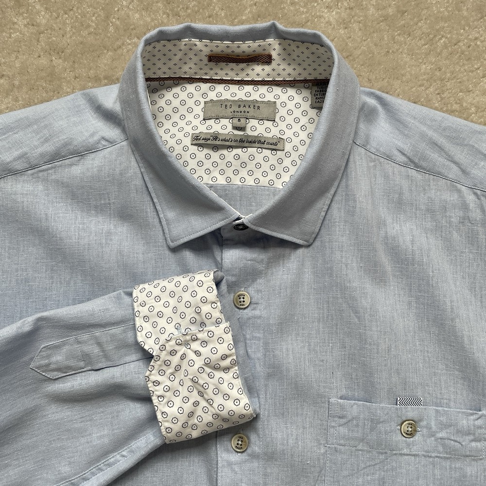 TED BAKER Notip Button-up Linen Blend Shirt Men’s 5 Blue Flip Cuff