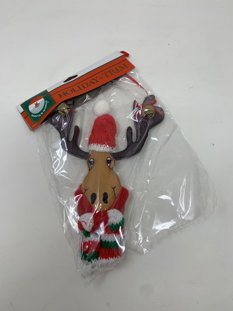 Kurt Adler Reindeer Vtg 94 Christmas Ornament Wooden Face Knit Hat Scarf New