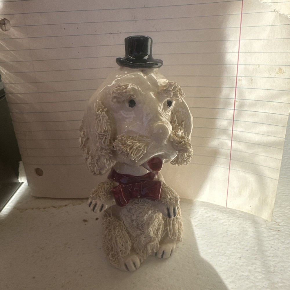 VTG Ceramic White Spaghetti Dog w Top Hat Red Bow Bobblehead Nodder (Japan)
