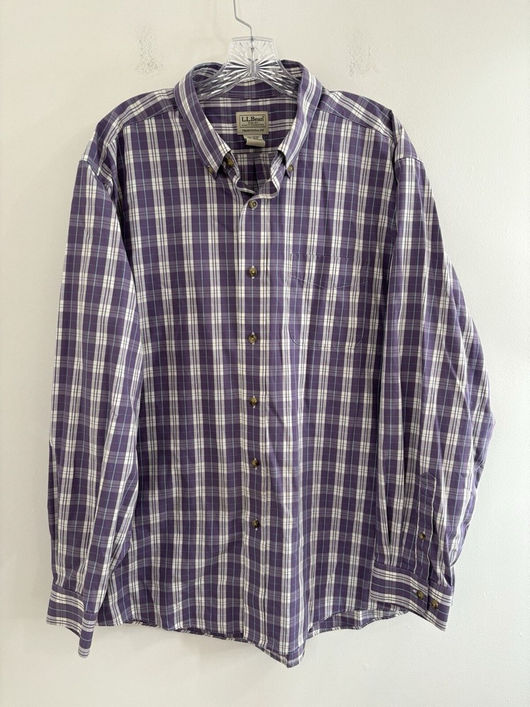 LL Bean Wrinkle-Free Purple Plaid Button Down Shirt for Men XL Long Sleeve