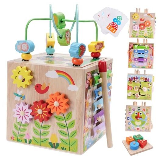 Montessori Wooden Activity Cube for 1 2 3 Year Old Toddlers | 1st Birthday Gift