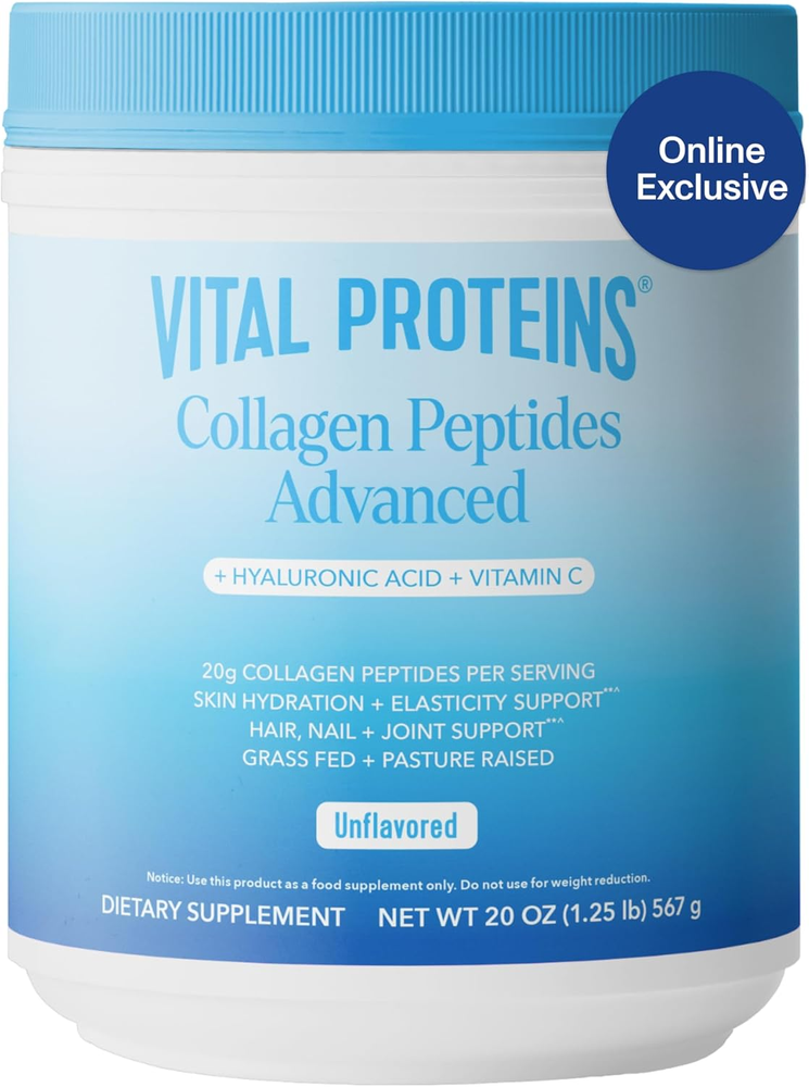 Péptidos de colágeno en polvo con ácido hialurónico y vitamina C, sin sabor, 20 oz