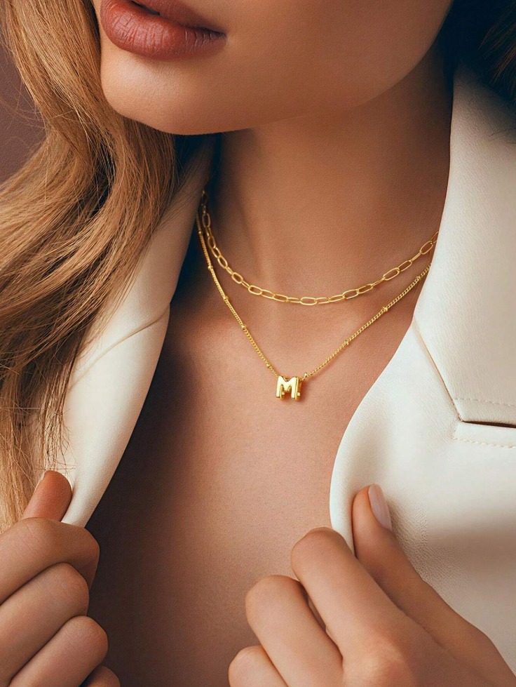 2 PCS Set Initial Pendant Casual Wear Gold Letter Necklace Stainless Steel Chain