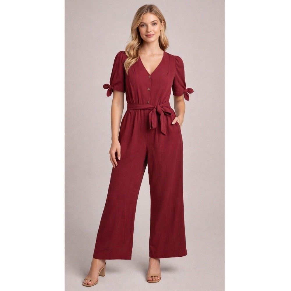 Calvin Klein Jumpsuit Burgundy Textured Wide Leg V-Neck Women's Size 8