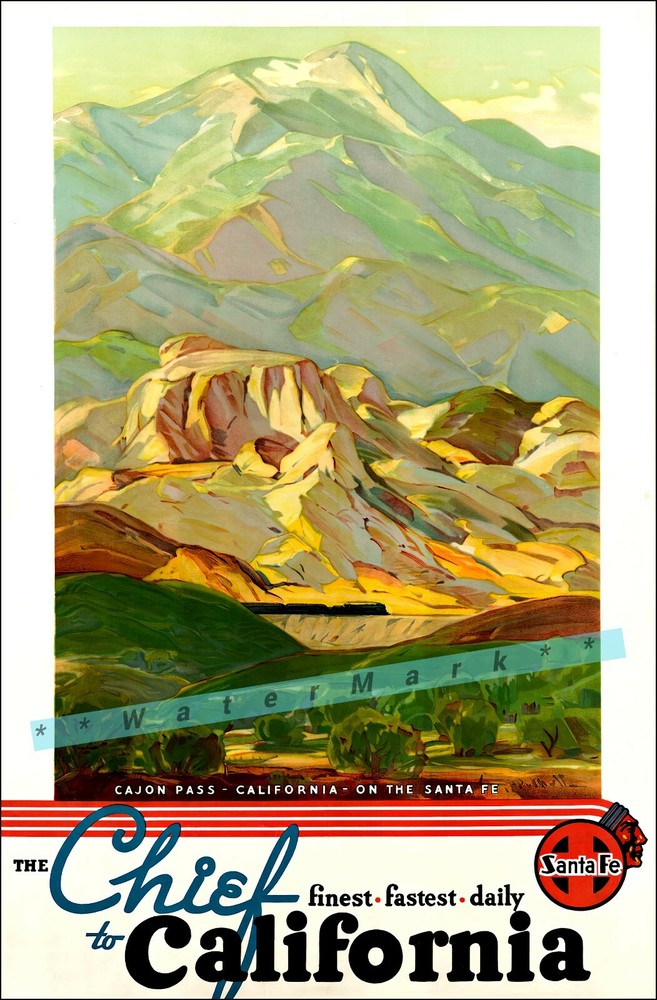 Vintage 1936 Santa Fe RR El Cajon Pass California Retro Travel Poster Print  