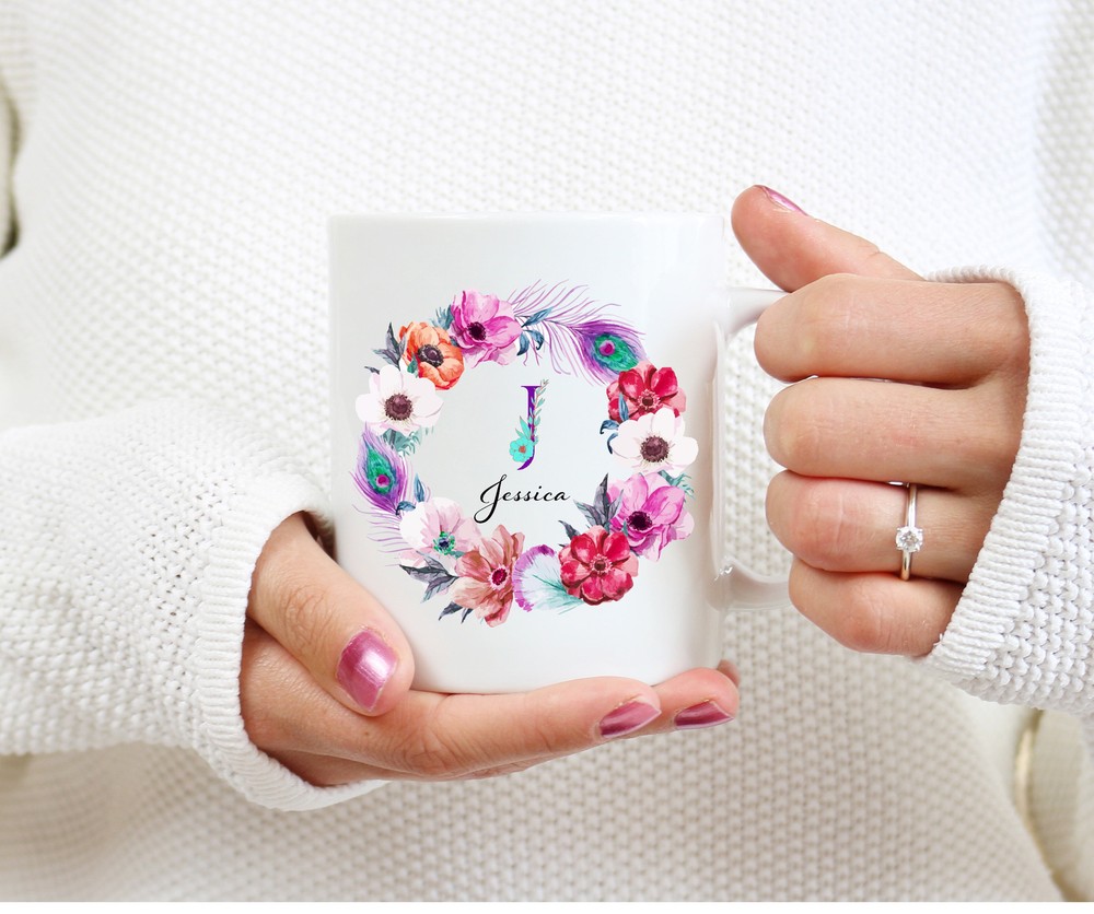 Personalized Floral Monogram Mug – Custom Name Coffee Cup Gift
