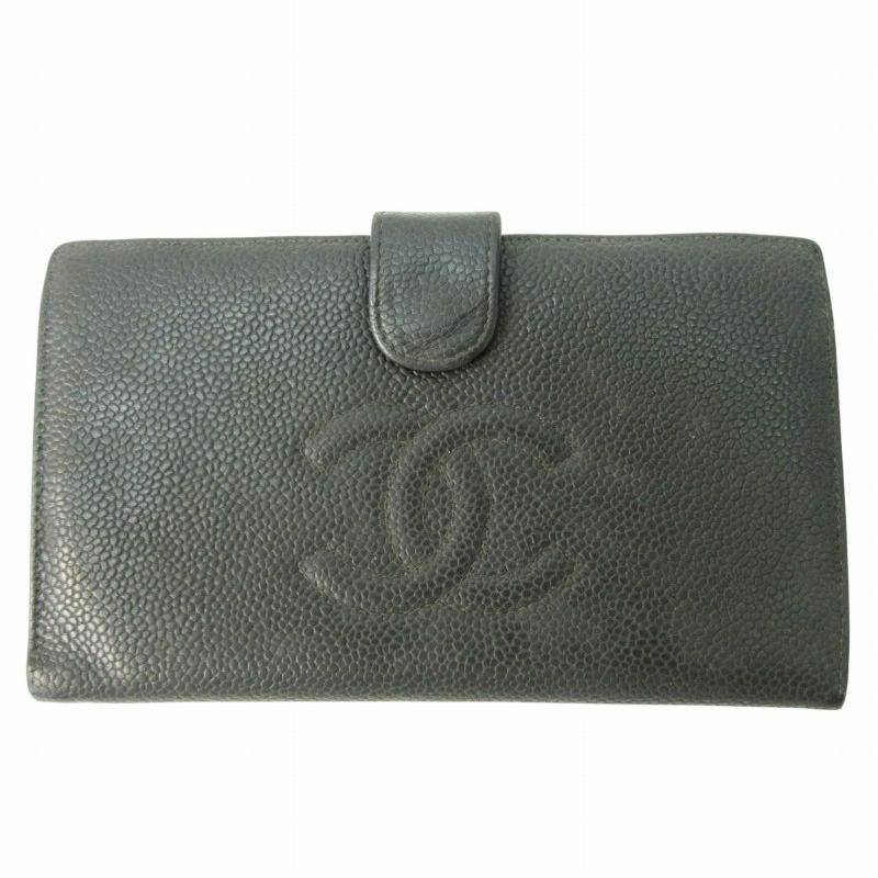 CHANEL Caviar Leather Long Wallet with Coco Mark Embossed Leather, Black, HO
