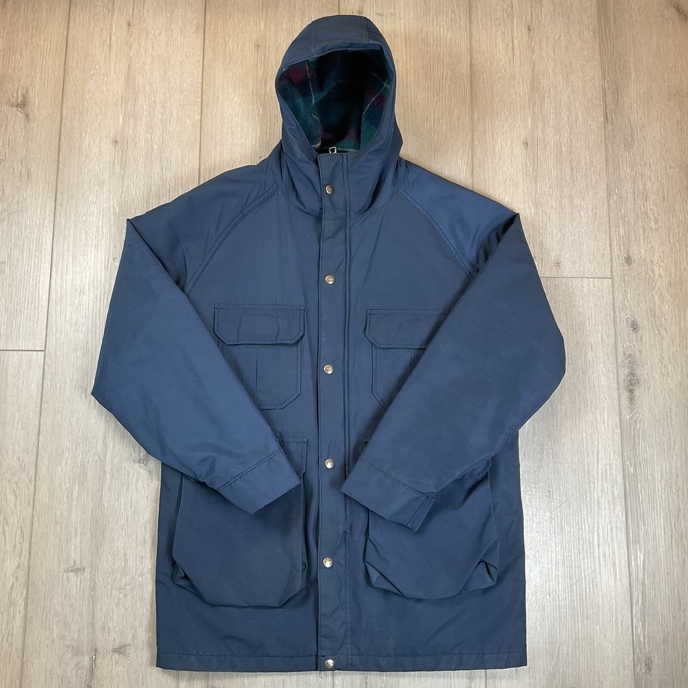 Woolrich Field Coat Jacket Men’s MEDIUM Full Zip Wool Plaid Lined Navy Blue VTG