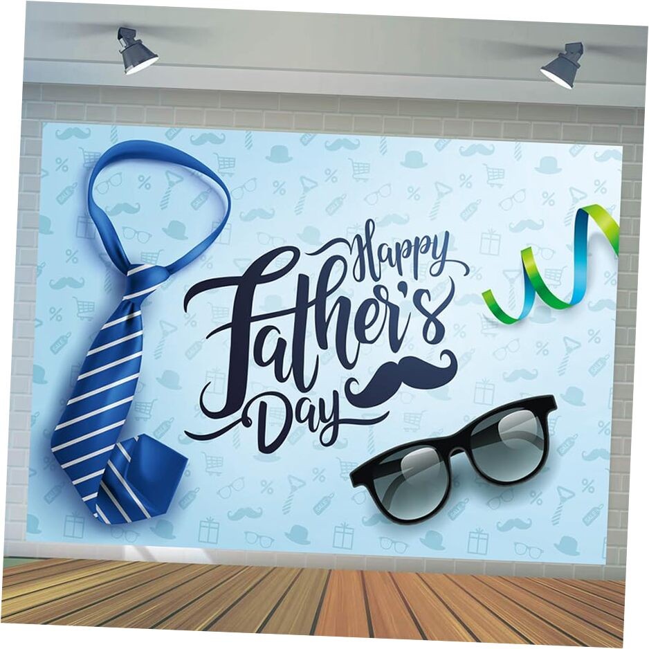 Happy Fathers Day Backdrop with Necktie and Glasses on Blue Background 7x5ft