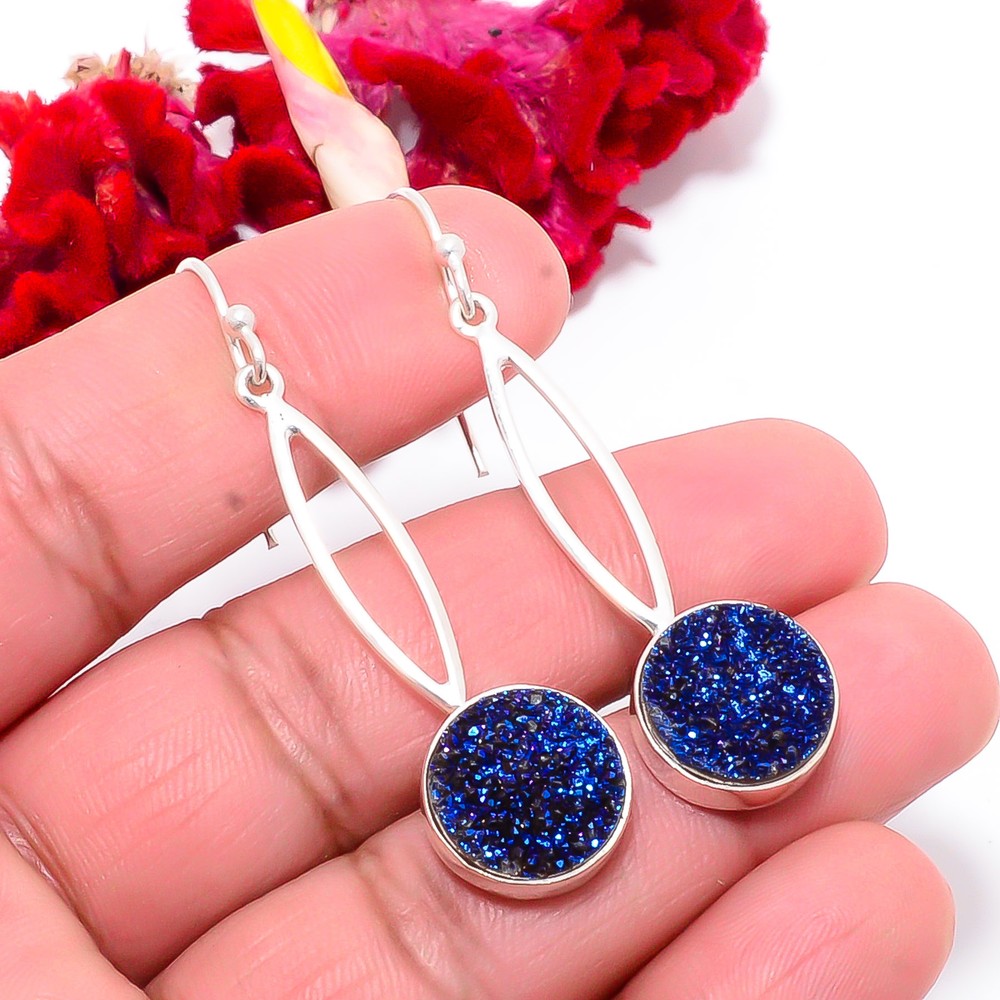 Electric Blue Titanium Agate Drusy Sterling Silver Earrings 2.26 Inch Sku19