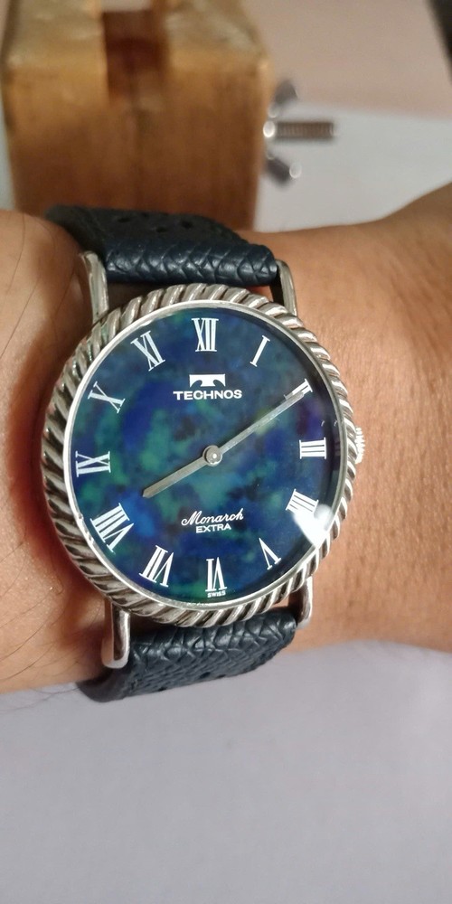 Vintage LAPIS Stone Dial w/Technos Monarch Extra 17jewels, manual winding!