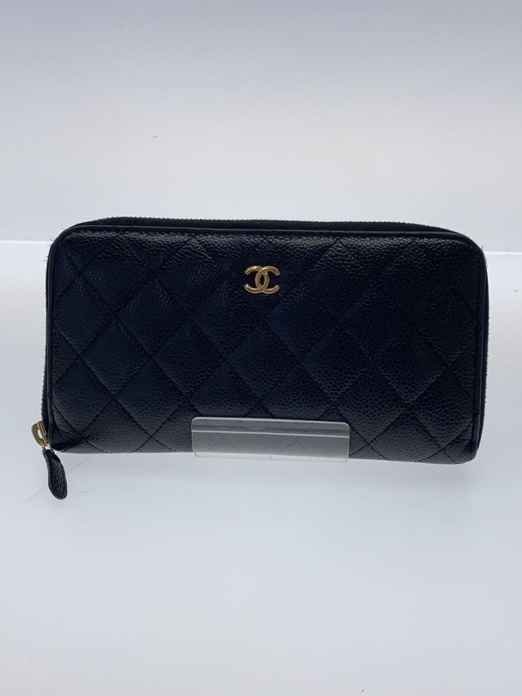 CHANEL Zip Around Long Wallet Matelassé Caviar Leather Gold CC Black Pre-Loved