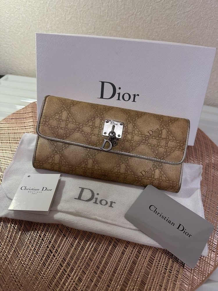 Dior Beige Leather Long Wallet with Multiple Card Slots