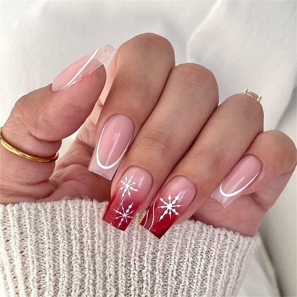 24pcs Christmas Snowflakes Press-On Fake Nail Medium Coffin Gradient Manicure