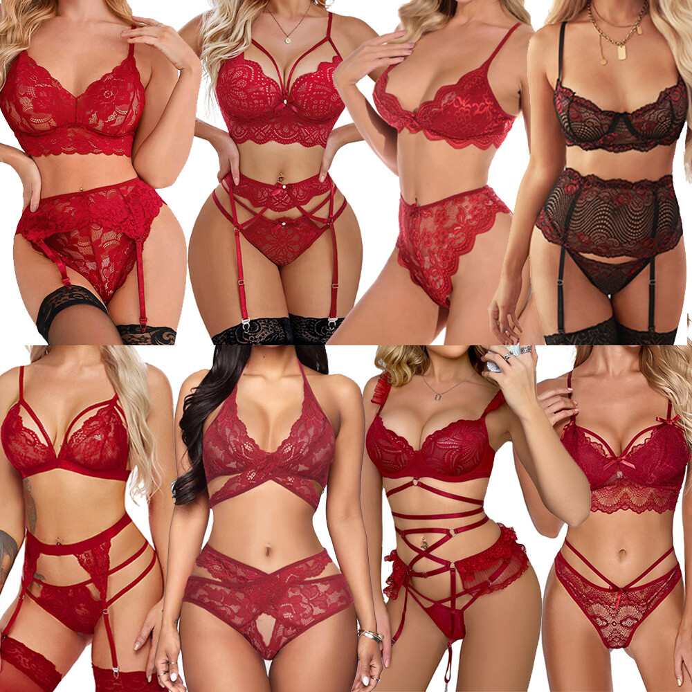Women Sexy Lingerie Lace Bra Panty Mesh Underwear Sleepwear Bra Garter Belts Set