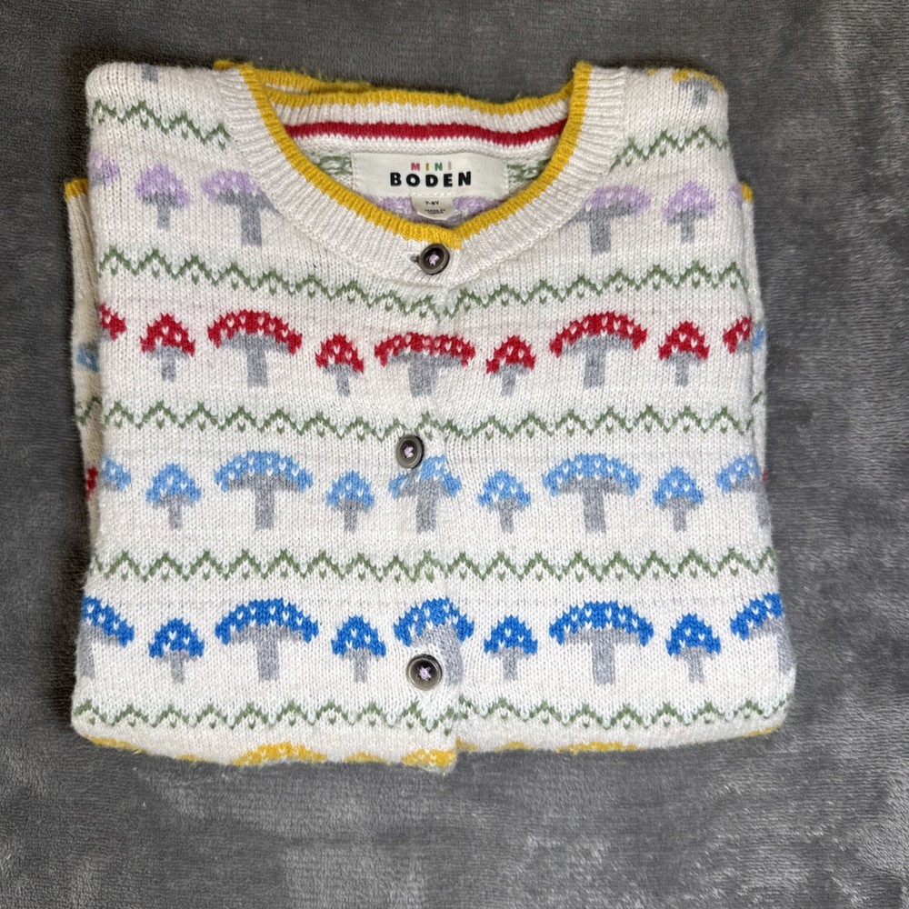 Mini Boden Kids Edie Toadstool Fair Isle Cardigan Size 7-8Y Cozy Wool Blend