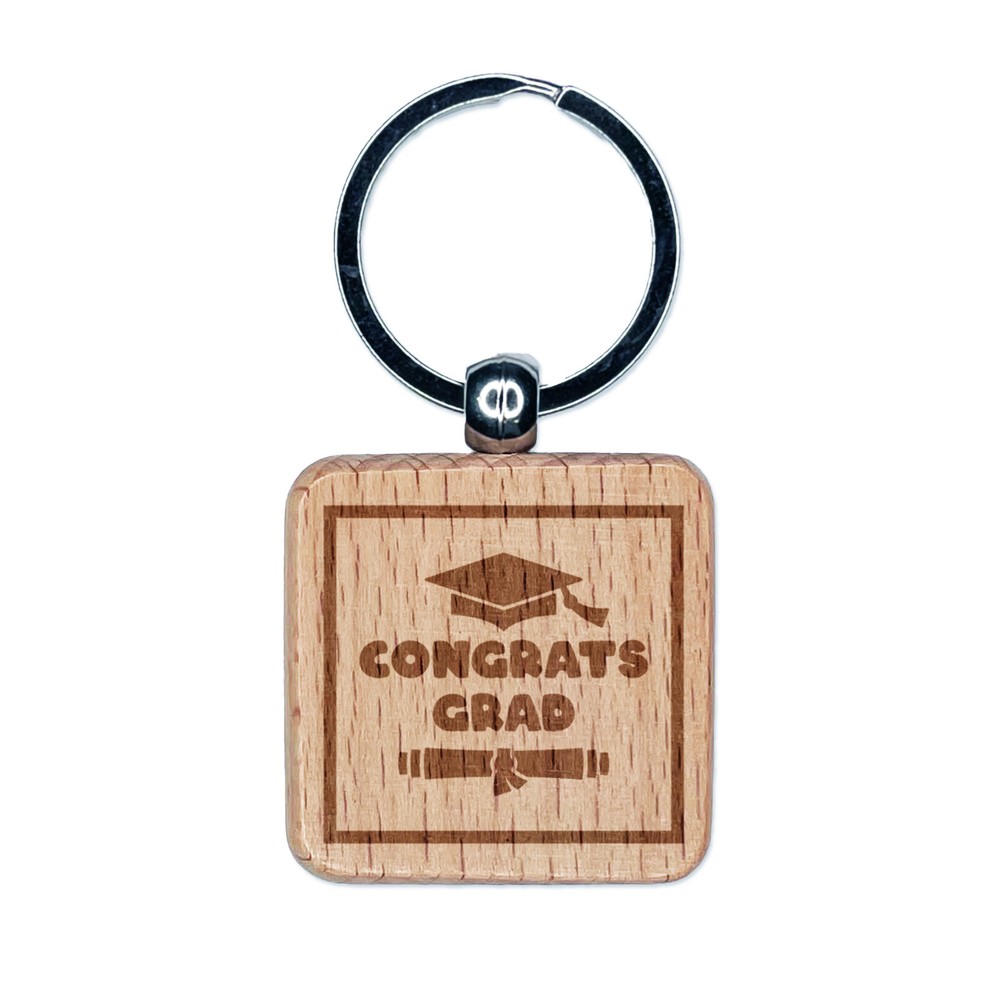 Congrats Grad Graduate Graduation Cap Diploma Engraved Wood Square Keychain