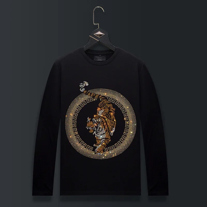 Fashion Tiger Trend Rhinestone Long Sleeve Luxury  Men T-Shirt Plus Size 6XL